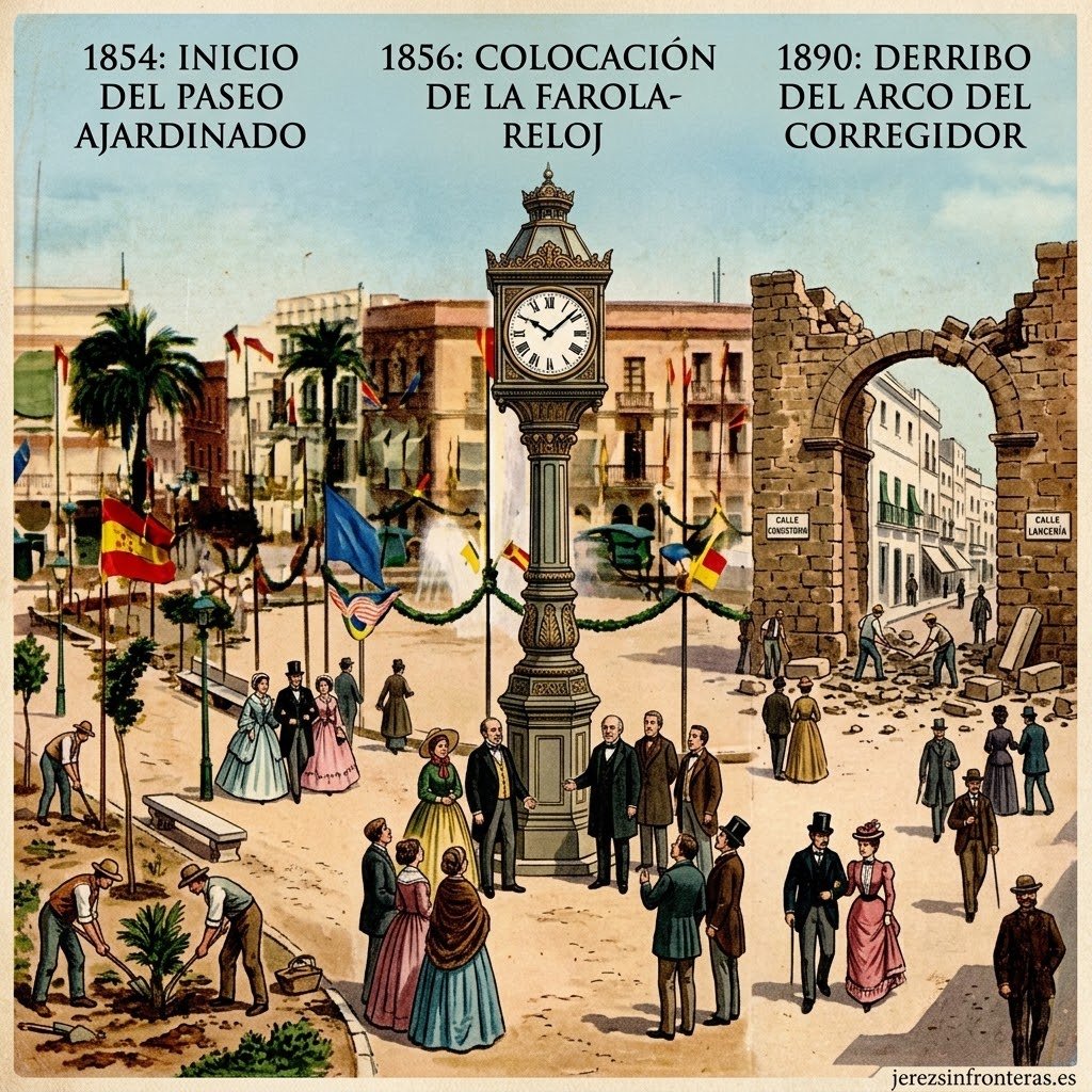 Ilustración vintage en formato cuadrado que recrea los hitos urbanísticos del siglo XIX en la Plaza del Arenal de Jerez: el ajardinamiento del paseo en 1854, la célebre farola-reloj instalada en 1856 y el derribo del Arco del Corregidor en 1890.
