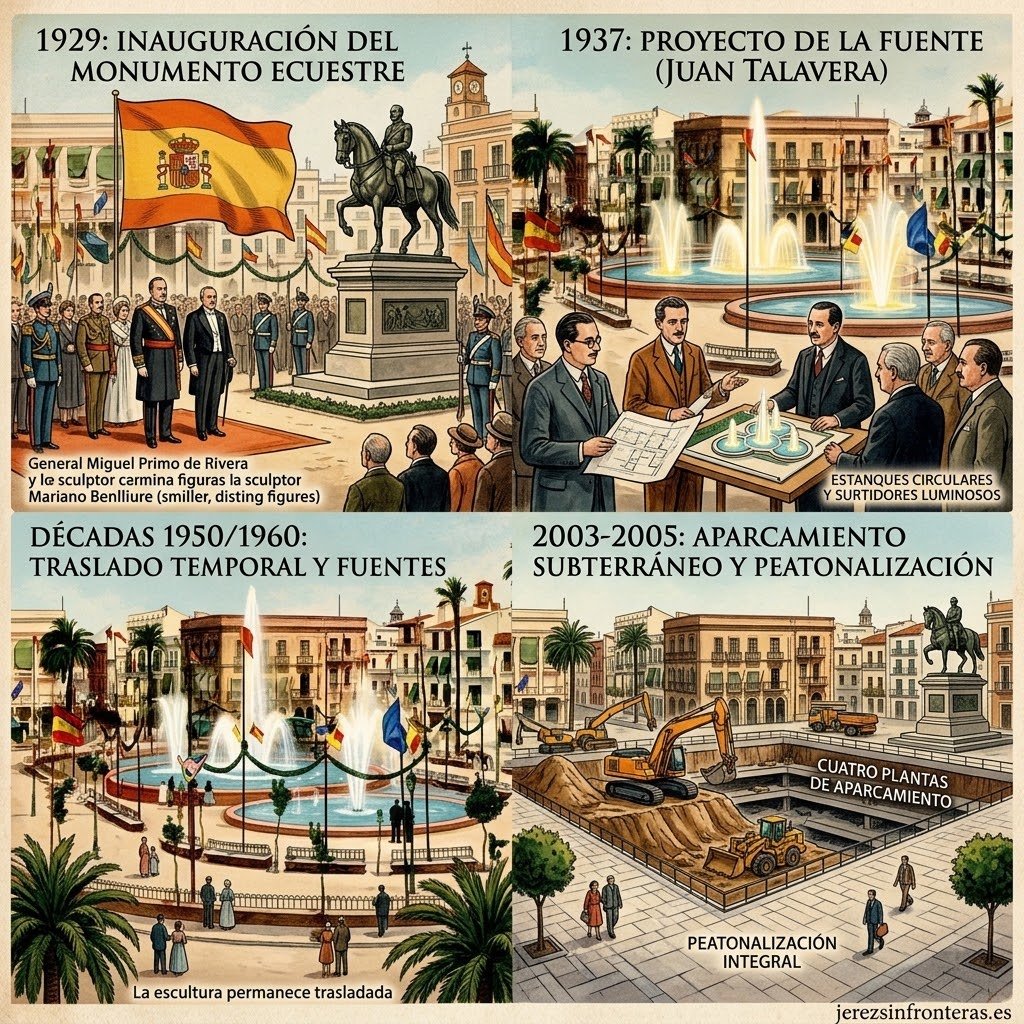 Ilustración vintage en formato cuadrado que resume las profundas transformaciones del siglo XX en la Plaza del Arenal de Jerez: la inauguración del monumento a Primo de Rivera en 1929, la instalación de las fuentes luminosas de Juan Talavera en 1937, y la construcción del aparcamiento subterráneo junto a la peatonalización entre 2003 y 2005. 