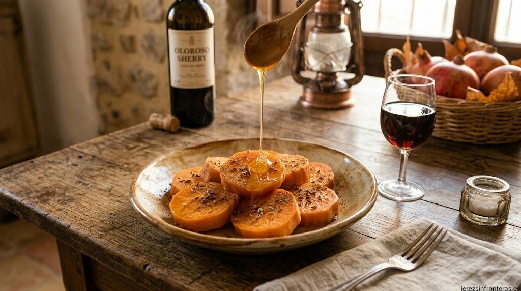 Plato llano de cerámica rústica sobre una mesa de madera con rodajas de boniato cocido bañadas por un hilo de miel que cae desde una cuchara de madera, espolvoreadas con matalahúva y canela. Al lado, una copa de vino de Jerez tinto y una botella de Oloroso Sherry al fondo, junto a una cesta con granadas en un ambiente cálido y otoñal. En la esquina inferior derecha aparece la marca de agua 'jerezsinfronteras.es'.