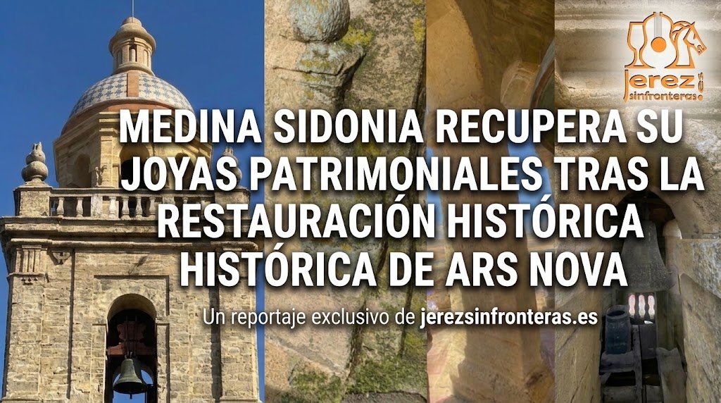 Composición de imagen cuadrada para Instagram dividida en un collage que muestra el templete y la cúpula restaurada de la Torre de Santa María la Coronada en Medina Sidonia sobre un cielo azul claro, con detalles en primer plano de los sillares de piedra e interior del campanario. En la parte superior de la imagen destaca el titular en letras claras y legibles: «¡Medina Sidonia luce su campanario restaurado!», y en la franja inferior una barra destacada con el texto «Lee la noticia completa en el enlace de nuestra BIO | jerezsinfronteras.es».