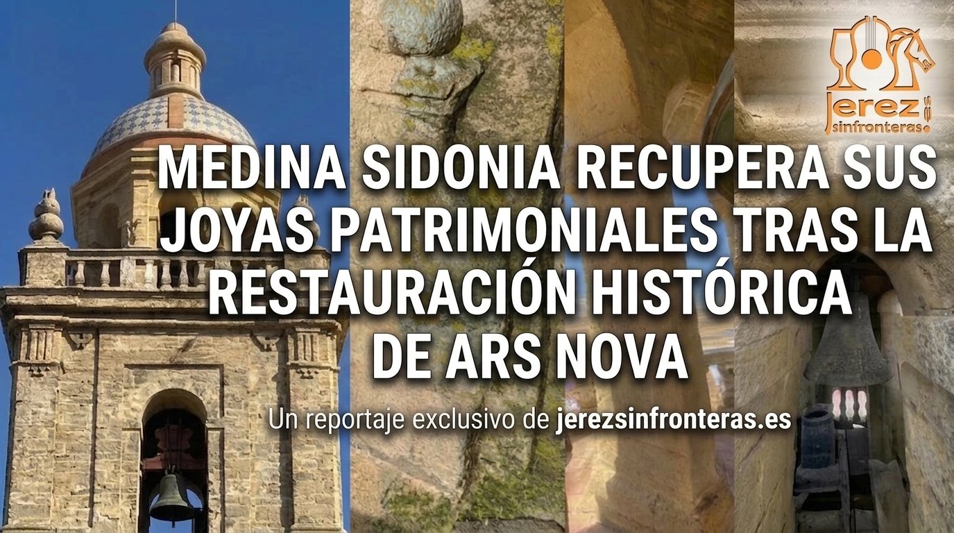 Composición de imagen cuadrada para Instagram dividida en un collage que muestra el templete y la cúpula restaurada de la Torre de Santa María la Coronada en Medina Sidonia sobre un cielo azul claro, con detalles en primer plano de los sillares de piedra e interior del campanario. En la parte superior de la imagen destaca el titular en letras claras y legibles: «¡Medina Sidonia luce su campanario restaurado!», y en la franja inferior una barra destacada con el texto «Lee la noticia completa en el enlace de nuestra BIO | jerezsinfronteras.es».