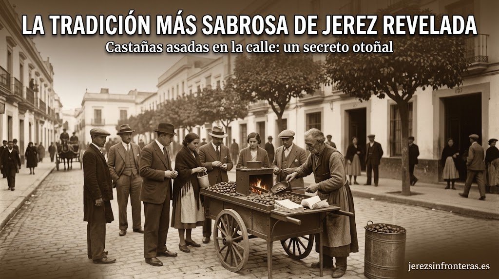 Fotografía en sepia de un puesto callejero de castañas asadas en una calle histórica de Jerez de la Frontera, repleta de gente con vestimenta de época y la 'locomotora' humeante.