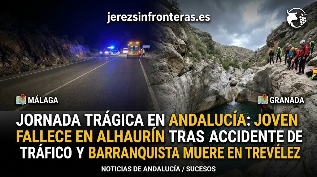 Una imagen compuesta de noticias de sucesos en formato 16:9 de la cabecera de jerezsinfronteras.es, que muestra dos escenas distintas separadas verticalmente. La parte izquierda muestra una carretera secundaria de montaña de noche con las luces de los servicios de emergencia (un coche de policía y una ambulancia) encendidas, con una etiqueta de "MÁLAGA" y un icono de mapa. La parte derecha muestra una escena diurna de un barranco rocoso con un río turquesa en el fondo, donde un grupo de rescatistas con cascos y arneses está trabajando cerca de un borde, con una etiqueta de "GRANADA" y un icono de mapa. En la parte superior central de la imagen compuesta, el texto "jerezsinfronteras.es" y el logotipo de un toro y uvas están presentes. Un gran titular de texto en blanco y amarillo en la parte inferior de la imagen reza: "JORNADA TRÁGICA EN ANDALUCÍA: JOVEN FALLECE EN ALHAURÍN TRAS ACCIDENTE DE TRÁFICO Y BARRANQUISTA MUERE EN TREVÉLEZ". Debajo del titular, el texto más pequeño dice: "NOTICIAS DE ANDALUCÍA / SUCESOS".