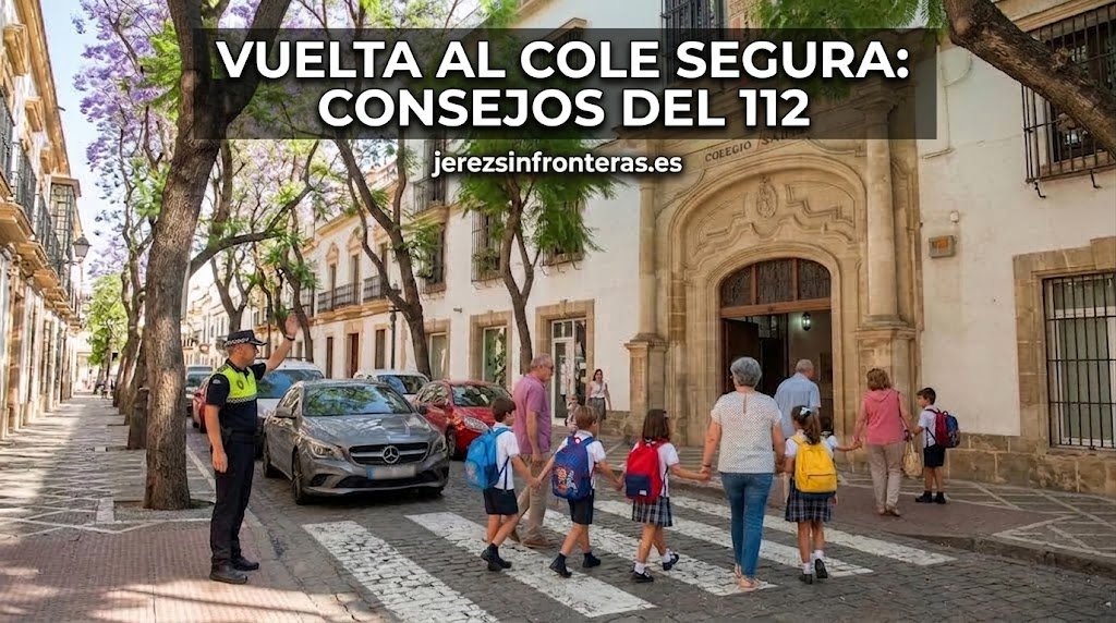 Una fotografía de la calle con un oficial de policía de Jerez de la Frontera dirigiendo el tráfico mientras un grupo de niños de la escuela, con mochilas de colores, cruzan la calle en un paso de cebra hacia la entrada del "Colegio San José". Dos adultos acompañan a los niños. La calle está bordeada por edificios de estuco blanco con balcones de hierro forjado y árboles con flores de color púrpura. El texto superpuesto en la parte superior dice: "VUELTA AL COLE SEGURA EN JEREZ: CONSEJOS DEL 112" y "jerezsinfronteras.es".