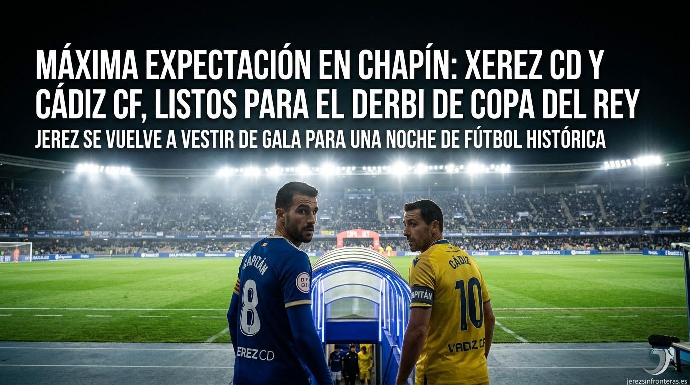 Vista panorámica en ángulo contrapicado desde el túnel de vestuarios de Chapín con los capitanes del Xerez CD y del Cádiz CF a punto de saltar al terreno de juego bajo los focos del estadio de noche, acompañada del titular sobre la máxima expectación en Jerez.