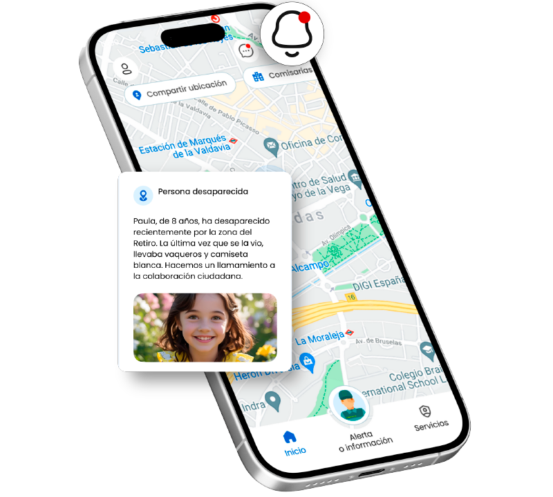 Pantalla de la aplicación AlertCops en un smartphone mostrando un aviso geolocalizado de seguridad ciudadana por persona desaparecida. Incluye mapa de la zona y una tarjeta informativa con descripción, foto y petición de colaboración ciudadana.