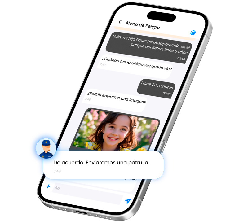 Vista de un smartphone mostrando un chat de emergencia en la app AlertCops. Se lee una conversación sobre la desaparición de una niña en el Retiro, con envío de foto y respuesta policial confirmando patrulla.