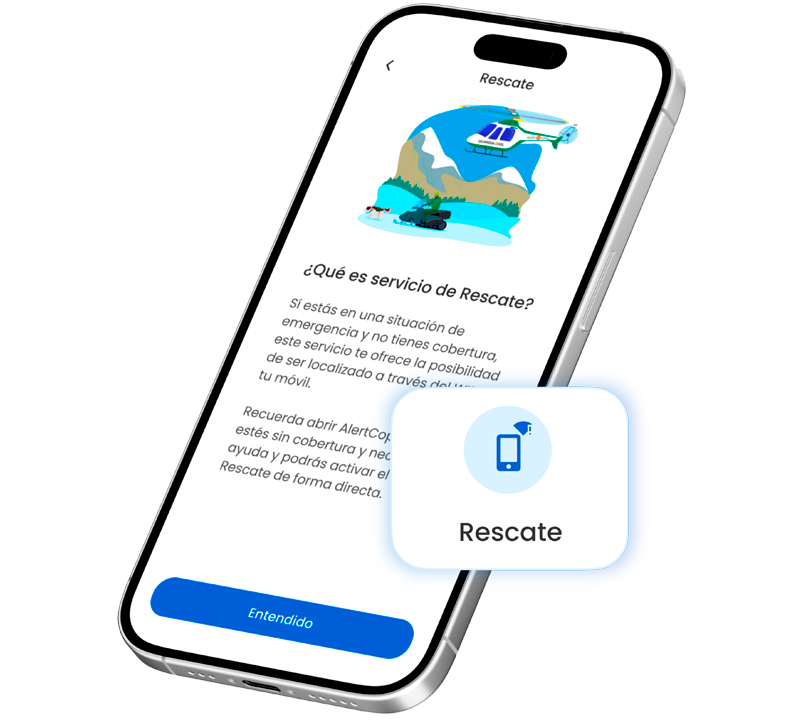 Pantalla informativa sobre el servicio de rescate sin cobertura en la aplicación AlertCops con ilustración de helicóptero de la Guardia Civil.