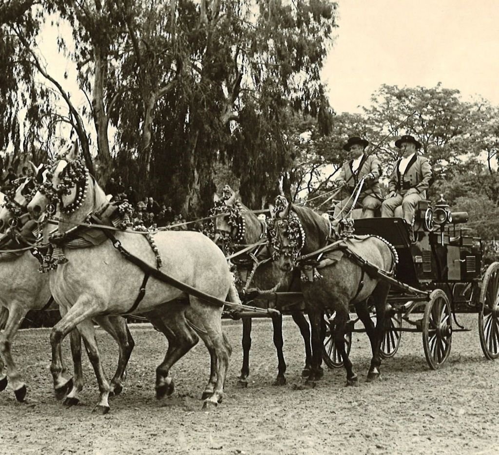 Carruaje de caballos engalanados con cocheros en traje corto durante la Feria de Jerez a finales de los años 70.