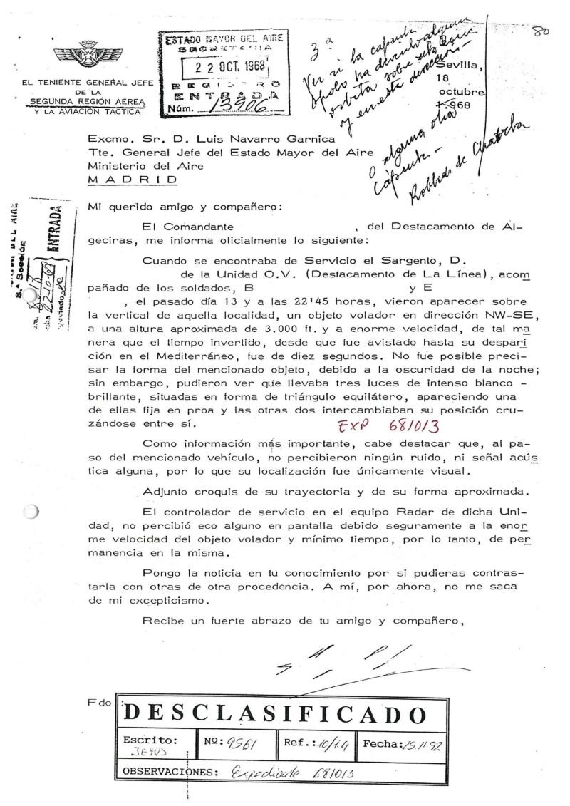 Documento militar con la declaración del personal de servicio sobre el avistamiento OVNI en Cádiz