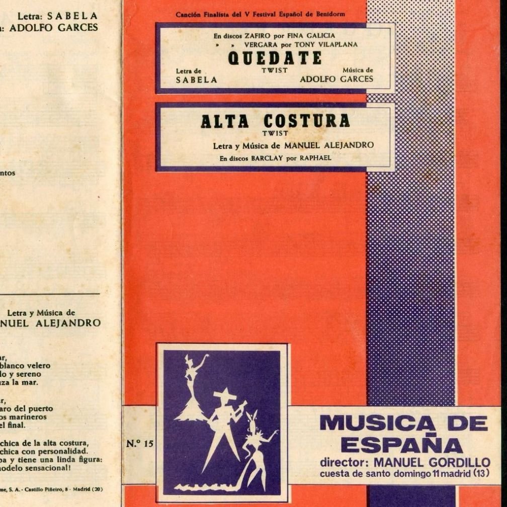 Cubierta promocional impresa de la editorial Música de España con los títulos de los temas Quédate y Alta Costura de Manuel Alejandro para Raphael.