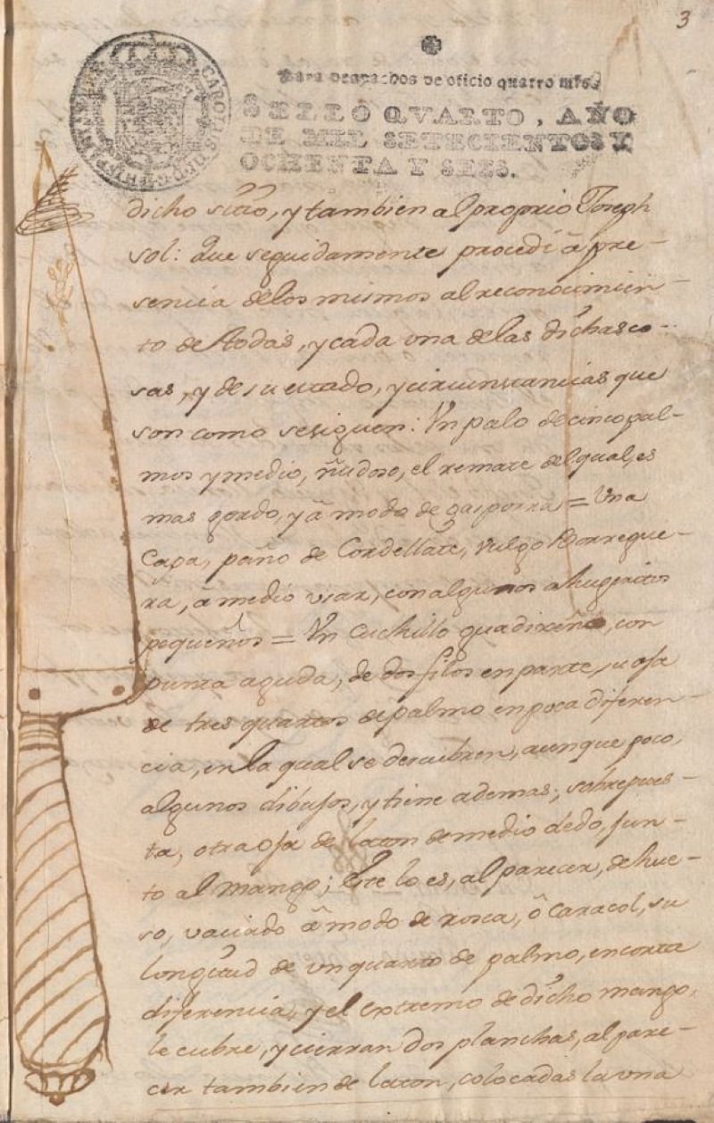 Detalle del folio 3 recto del expediente OM-LUGARTENENCIA_MONTESA, Exp. 920, que muestra el dibujo a tinta de un cuchillo grande incautado a los acusados.