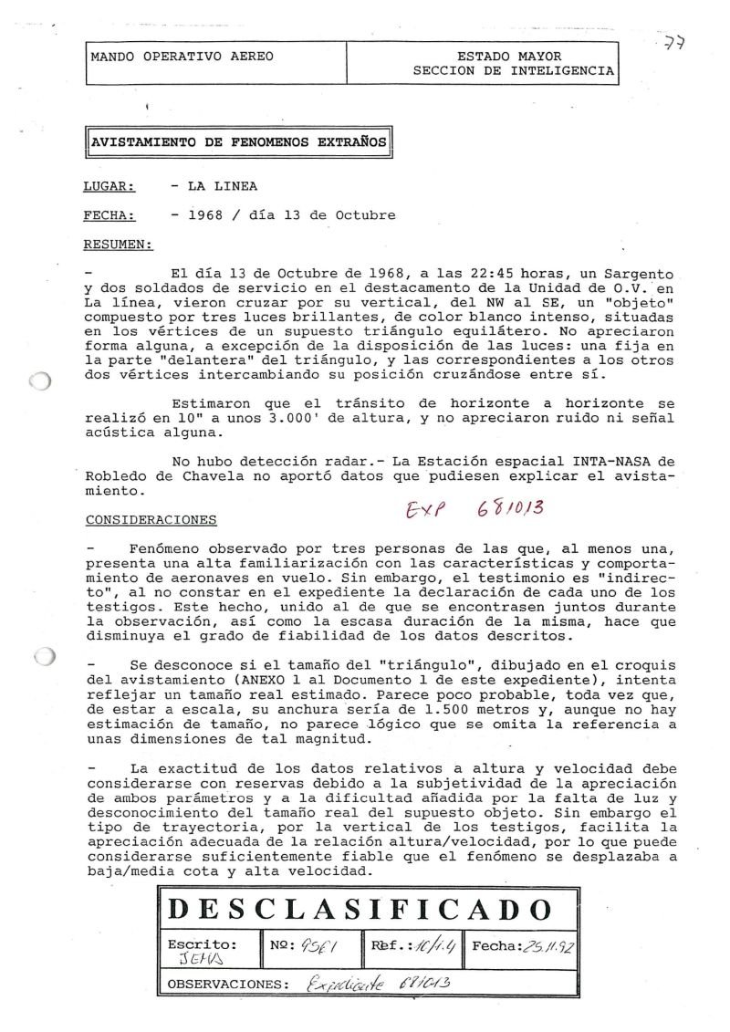 Informe oficial desclasificado del Ejército del Aire sobre el expediente OVNI 681013 en Cádiz