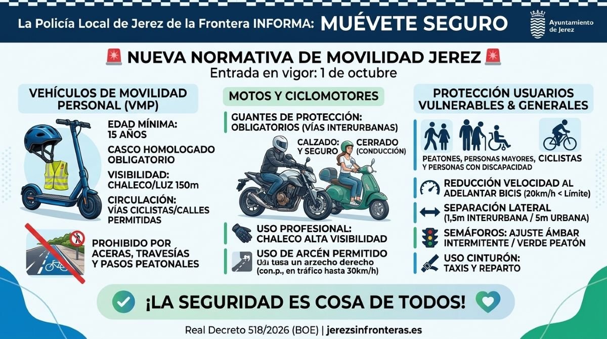 Cartel infográfico informativo sobre la campaña Muévete seguro de la Policía Local de Jerez con las nuevas normas de la DGT para patinetes eléctricos, motocicletas y ciclomotores.