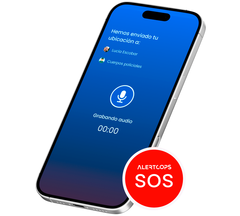Restauración digital de alta resolución de la pantalla de emergencia de la aplicación AlertCops. Se muestra un iPhone en ángulo sobre fondo negro con una pantalla azul. Arriba, el texto 'Hemos enviado tu ubicación a:' seguido de los iconos y nombres 'Lucía Escobar' (con una foto de perfil restaurada) y 'Cuerpos policiales' (icono de policía). En el centro, un icono de micrófono y el texto 'Grabando audio' con el temporizador '00:00'. En la esquina inferior derecha, un distintivo circular rojo brillante con el texto 'ALERTCOPS' en la parte superior y 'SOS' en grande debajo. Todos los elementos están nítidos y definidos.