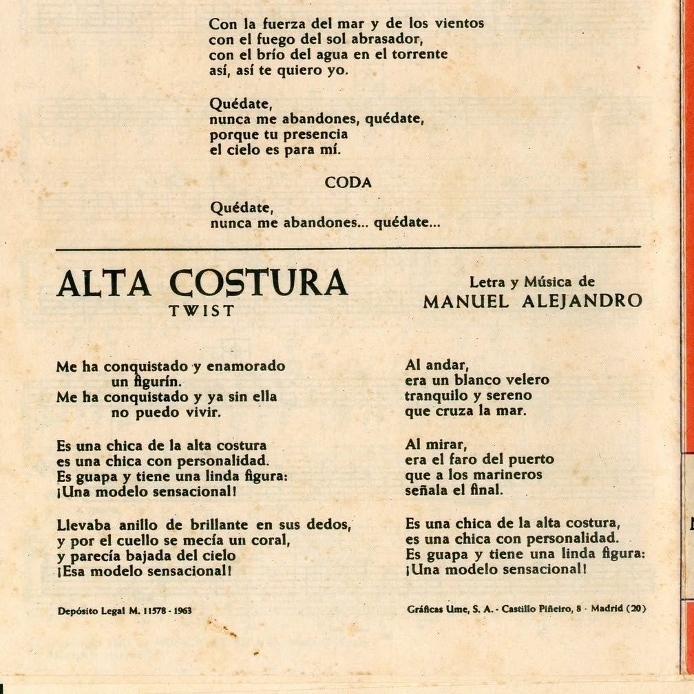 Documento impreso original con la letra de la canción Alta Costura de Manuel Alejandro en ritmo de twist, catalogado en 1963.