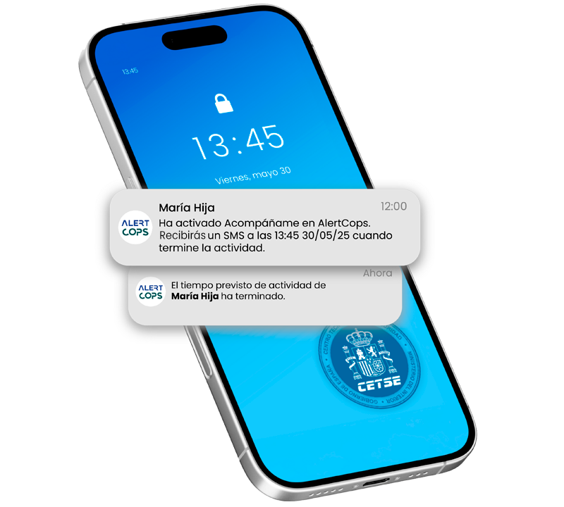 Pantalla de bloqueo de un smartphone recibiendo notificaciones de la app AlertCops sobre la función 'Acompáñame'. Muestra avisos sobre el inicio y finalización del tiempo previsto de una actividad compartida por un contacto.
