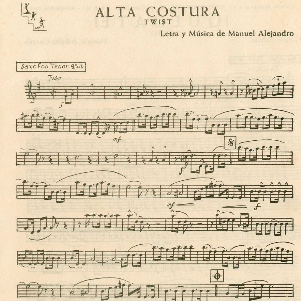 Particela instrumental impresa con pentagramas para saxofón tenor en si bemol de la obra Alta Costura de Manuel Alejandro.