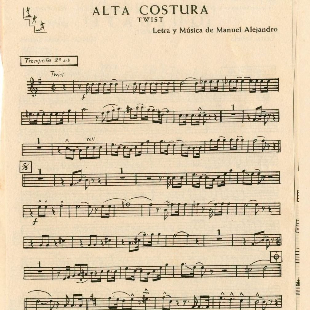 Particela instrumental manuscrita e impresa para segunda trompeta en si bemol del tema Alta Costura de Manuel Alejandro.