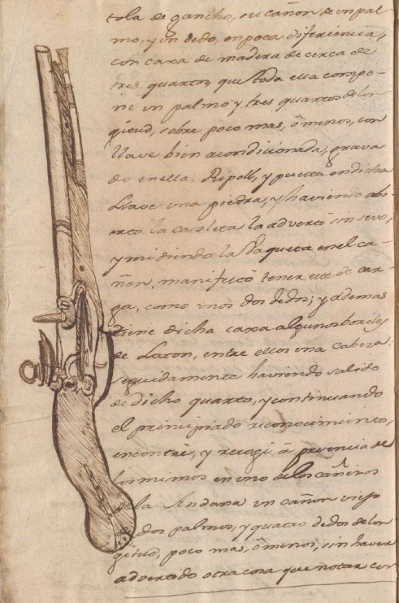 Detalle del folio 15 vuelto del expediente OM-LUGARTENENCIA_MONTESA, Exp. 920, que muestra el dibujo a tinta de una pistola antigua incautada.