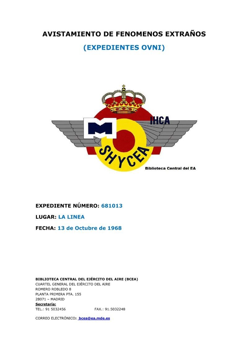 Portada oficial del expediente 681013 sobre avistamiento OVNI en La Línea desclasificado por el Ejército del Aire
