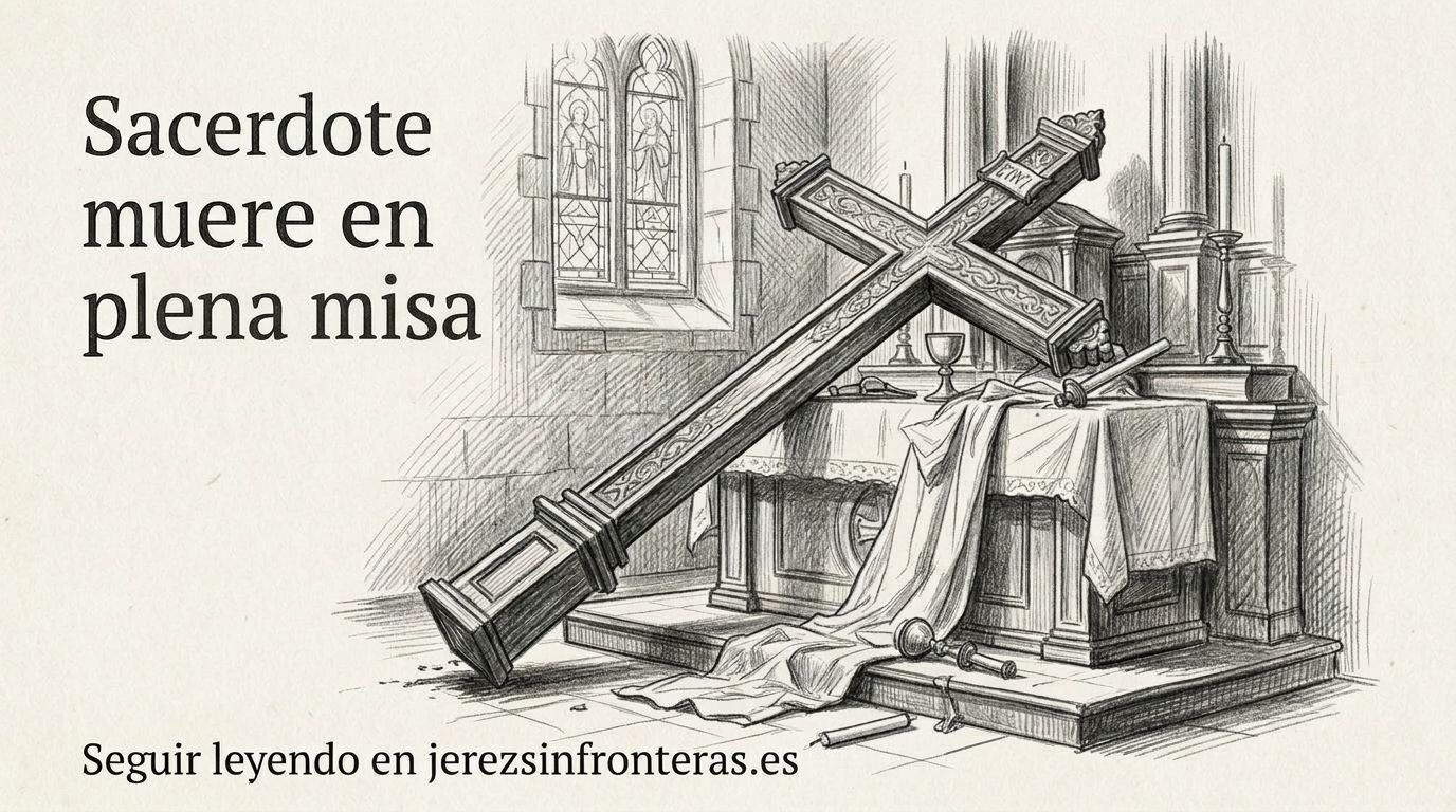 Ilustración a lápiz de una gran cruz de madera caída sobre el altar de una iglesia con luz tenue.