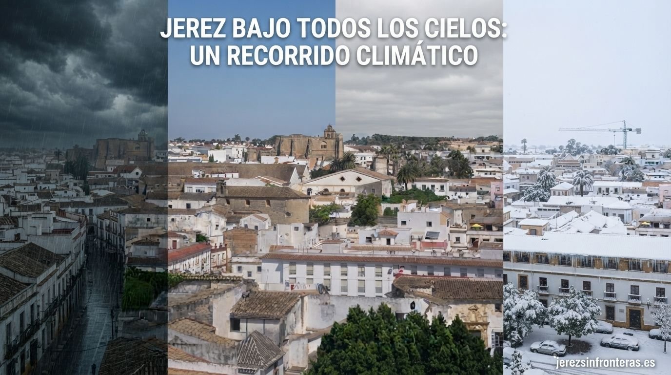 Composición panorámica del casco histórico de Jerez de la Frontera mostrando diferentes condiciones climáticas y estacionales en los cielos de la campiña.