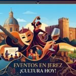 Ilustración artística y colorida de la agenda cultural de Jerez. En el diseño se aprecian músicos en directo, una bailaora de flamenco, una máscara de teatro, una copa de vino y viñedos, junto al conjunto monumental del Alcázar de Jerez en un fondo cálido al atardecer, acompañado por el texto "Eventos en Jerez ¡Cultura hoy!".